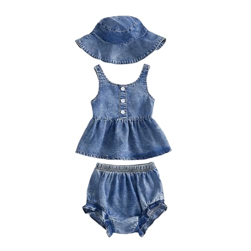 Toddler Cowgirl Outfit Baby Girl Denim Set Ruffle Sleeveless Top and Bloomers Shorts Jeans Outfits Western Clothes
