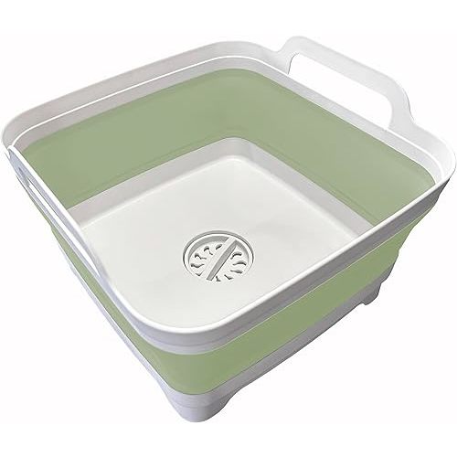 9L (2.4Gal) Dish Basin Collapsible with Drain Plug , Space Saveing Kitchen Storage Tray Dish Wash Basin, Portable Dish Tub, Foldable Dishpan for Camping ,RV,Green
