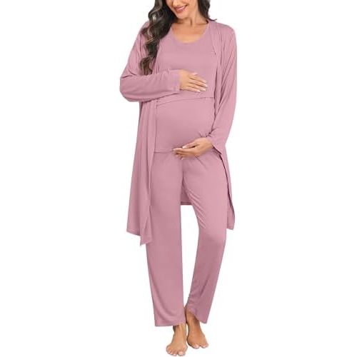 SWOMOG Maternity Nursing Robe Set 3 PCS Postpartum Breastfeeding Pajamas Lounge Hospital Pregnancy Pjs with Robe