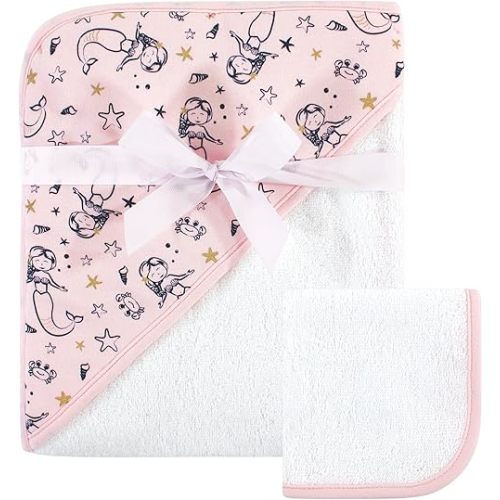 Hudson Baby Unisex Baby Cotton Hooded Towel and Washcloth, Mermaid, One Size
