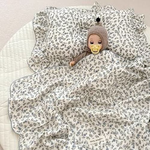 BuLuTu Muslin Cotton Baby Blanket (47"x 51") + Toddler Pillowcase (14"x 20"), Blue Floral Toddler Bedding Set