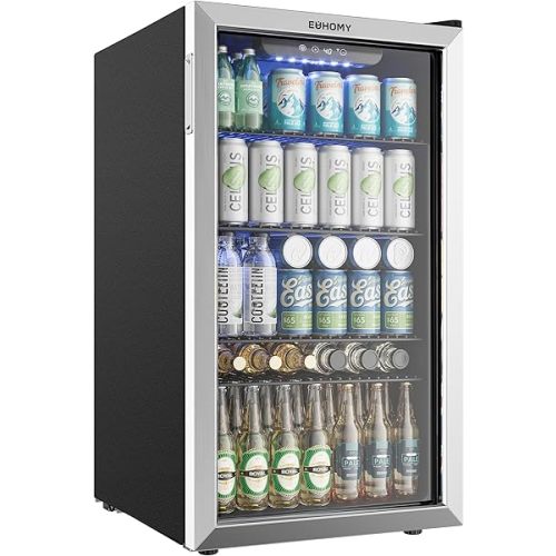 EUHOMY Beverage Refrigerator and Cooler, 128 Can Mini fridge with Glass Door, Small Refrigerator with Adjustable Shelves for Soda Beer or Wine, Perfect for Home/Bar/Office, Silver