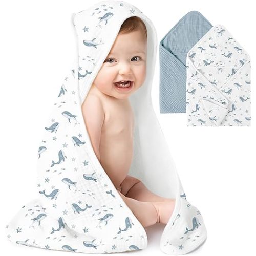 Konssy 2-Pack Muslin Hooded Baby Towels, 100% Cotton, Ultra-Soft & Absorbent Baby Bath Towels with Hood for Newborn & Infant (Blue, Blue Whale, 32" x 32")