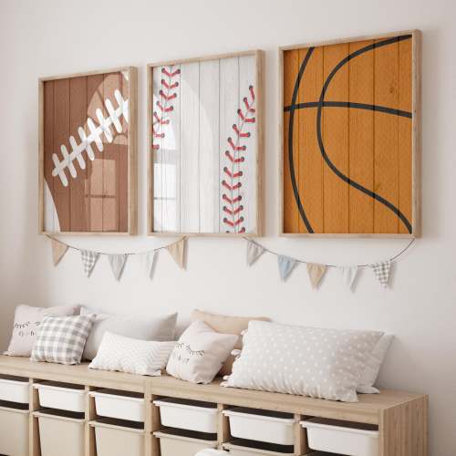 Sports Room Art Set of 3, framed prints light wood 16 x 20