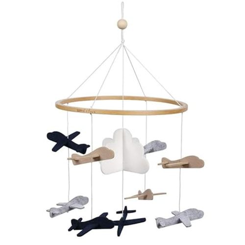 Baby Crib Mobile – Wooden Hanging Nursery Baby Mobile for Crib, Nursery Decor for Boys & Girls, Perfect Shower Gift (Airplanes in The Clouds, Short Version) Also Fits Bassinets, Sorrel + Fern