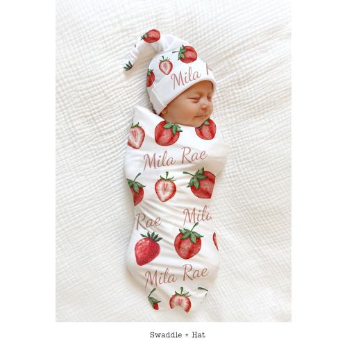 PINK STRAWBERRY Swaddle Blanket PERSONALIZED Newborn Baby Girl Coming Home Outfit Name Berry Blanket Baby Shower Gift Hospital Photo Outfit