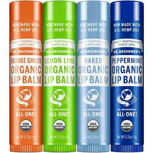 Dr. Bronner's - Organic Lip Balm Variety Peppermint, Orange Ginger, Naked, Lemon Lime) - Made with Organic Beeswax and Avocado Oil, For Dry Lips, Hands, Chin or Cheeks, 0.15 Ounce (Pack of 4)