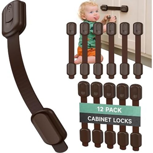Infinno 12 Pack Cabinet Locks Baby Proofing Heavy Duty - Child Safety Cabinet Locks for Drawers, Cupboards & Fridge – No Drill 3M Adhesive Locks for Pets - Toddler Safety Latches-Brown