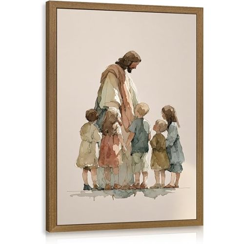 PORENY Jesus with Children Watercolor Wall Art, Christian Nursery Wall Decor, Gentle Biblical Kids Artwork, Inspirational Religious Faith Canvas Print for Kids Room Church Wood Framed 16x24 Inch