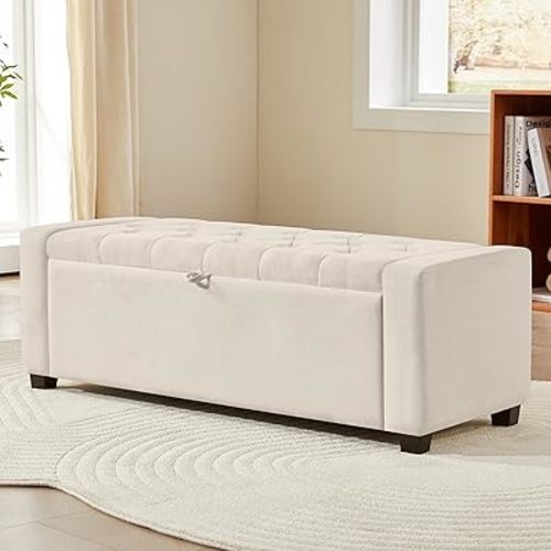 Royal Windsor Ottoman with Storage,Tufted Storage Bench with Safety Hinge,Holds up to 350 lb,Upholstered Bench with Seating for Bedroom, Living Room,Entryway,Linen Beige