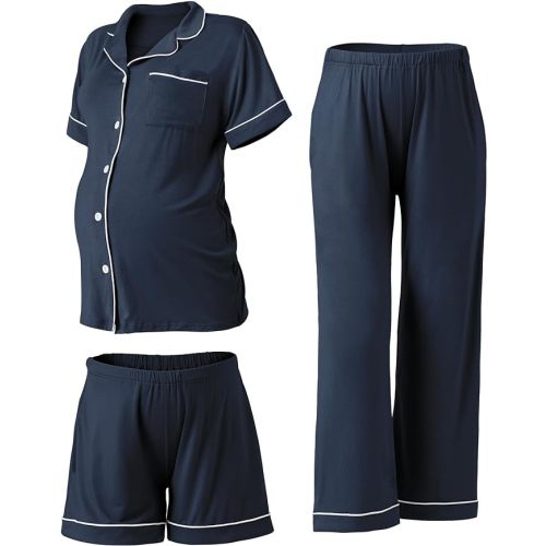 3 PCS Women Maternity Pajamas Set Nursing Postpartum Breastfeeding Pjs Sleepwear Lounger Clothes Button Down