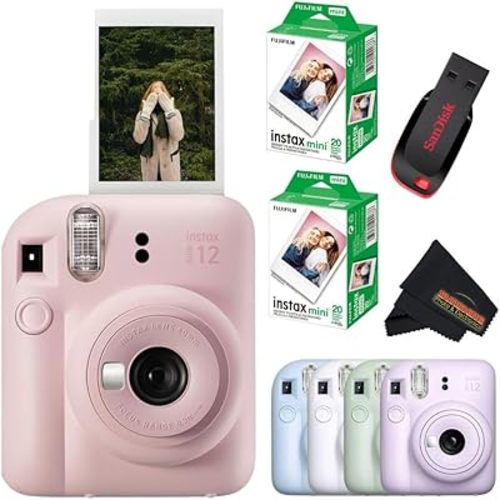 Fujifilm Instax Mini 12 Instant Camera Blossom Pink with 40 Sheets Fujifilm Instax Mini Film Bundle, Sunshine Photo Microfiber Cleaning Cloth Included