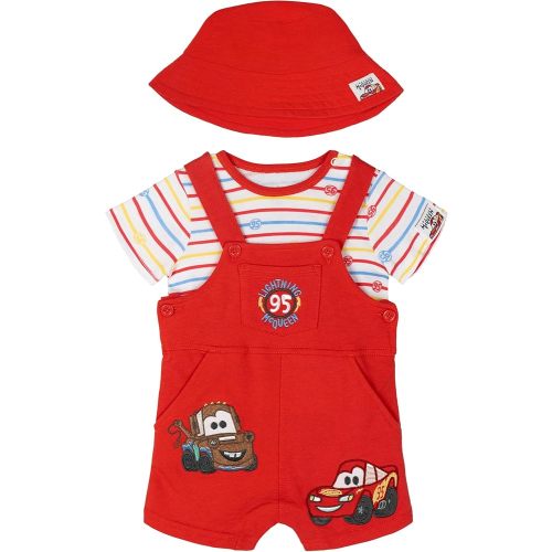 Disney Cars Newborn Baby Boys Short Overalls, T-Shirt and Bucket Sun Hat 3 Piece Outfit Set Red/Yellow/Blue 6-9 Months