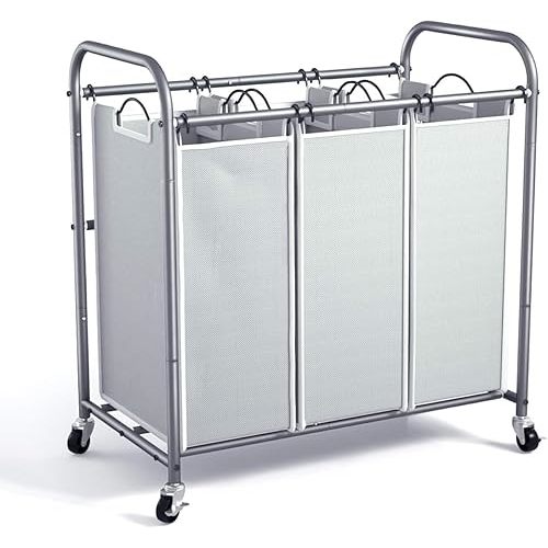 ROMOON Laundry Sorter, 3 Section Heavy Duty Laundry Hamper with Wheels and Removable Liners, Space-Saving Organizer for Laundry Room, Apartment, Dorm, Closet Storage (Gray)