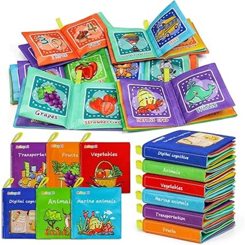 Dr.Rapeti Soft Cloth Books Baby Books Bath Books 6-Pack for Baby Infant Toddler Kids Crinkle Squeaky Washable Chewable Non-Toxic Early Educational Giftable