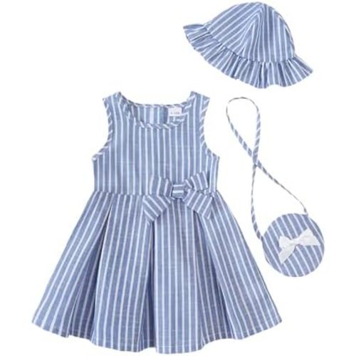 Toddler Girl Summer Dress Infant Baby Girl Casual Clothes Sleeveless Cute Bow Fashion Print Beach Sundress with Hat