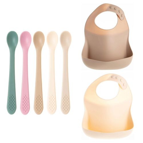 Tan Silicon Feeding Set Baby Bib & Spoons