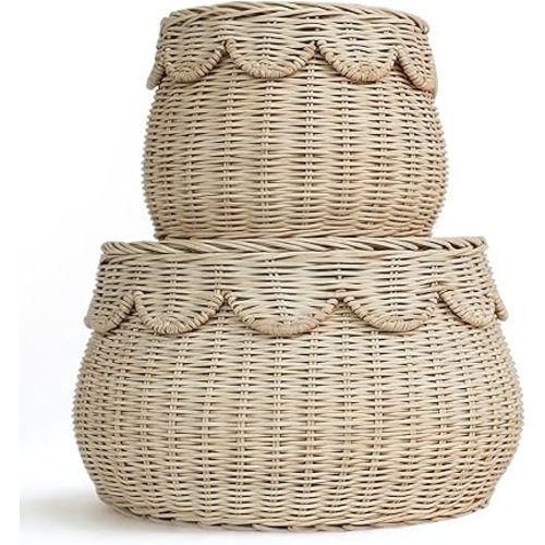Palonona - Scalloped Basket Set of 2 Small Natural Rattan Decorative Storage Baskets with Lids - Round Shape - Handwoven Natural Wicker Boho Décor for Shelves, Countertops & Gift Baskets.