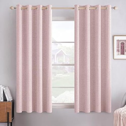 MIULEE Linen Texture Curtains for Bedroom Solid 100% Blackout Thermal Insulated Pink Curtains Grommet Room Darkening Drapes for Living Room Nursery 52x54 Inch (2 Panels)