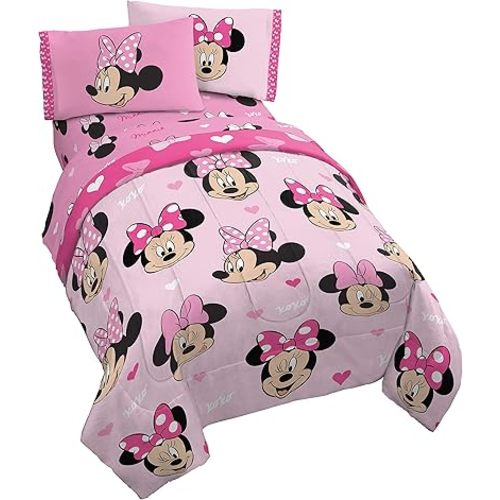 Jay Franco Disney Minnie Mouse Hearts N Love 4 Piece Twin Bed Set - Includes Reversible Comforter & Sheet Set - Super Soft Fade Resistant Microfiber - (Official Disney Product)
