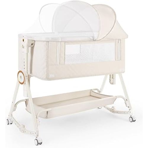 Baby Bassinet 5 in 1,Baby Bedside Bassinet with Diaper Table, Mosquito Net, Mattress, Storage Layer, Can Be Stored in One Button Travel Crib (Beige)