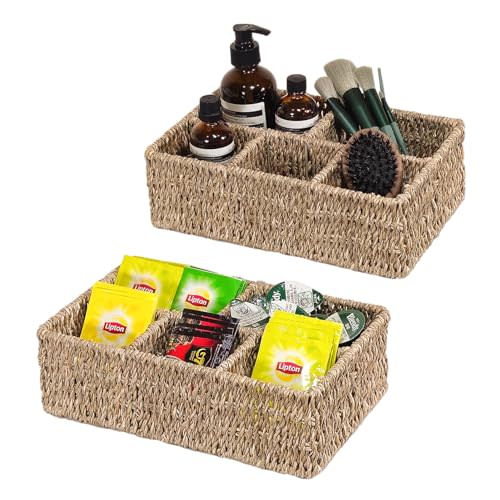 Ellinia Wicker Desk Organizer, Wicker Divided Storage Basket Container with 5 Sections, Seagrass Baskets for Tea Bag Organizer, Caddy for Drawer Organizing, Set of 2