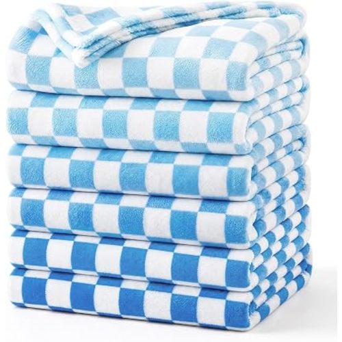 Fanfanwin 6 Pcs 30'' x 40'' Checkered Baby Blankets for Boys Fleece Ultra Cozy Soft Infant Toddler Newborn Receiving Blankets for Crib Stroller, Blue