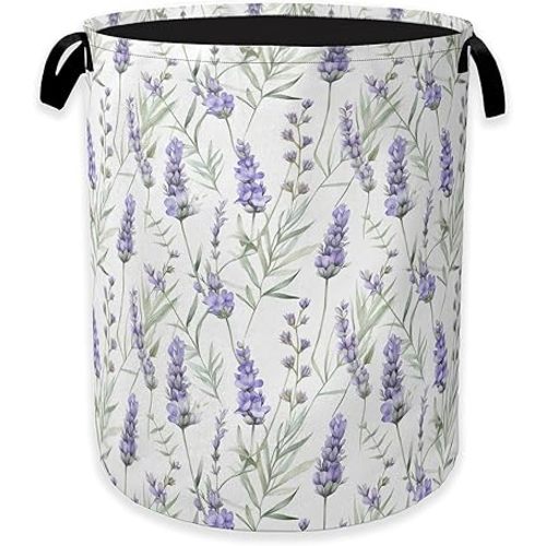 Collapsible Laundry Basket,Purple Lavender Flower Dirty Clothes Hamper,Rustic Spring Floral Hampers for Bedroom Waterproof Oxford Cloth Storage Organizer for Bathroom,Nursery,Dorm,16x20 Inch