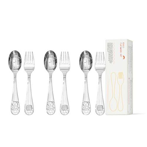 KINGSTONE 6 Pcs Small Toddler Utensils, 18/10 Stainless Steel, Honey Bear | Food Grade Toddler Fork & Spoon, Ergonomic Self-Feeding Children’s Flatware for Home, Travel & Preschool, Dishwasher Safe