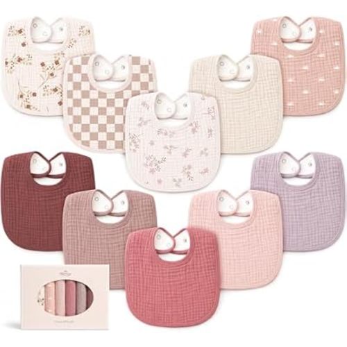 Konssy 10-Pack Muslin Baby Bibs for Drooling and Teething
