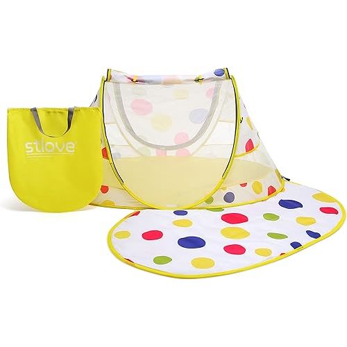 STLOVe Travel Cot Foldable Pop Up Portable Ultralight Weight Baby Beach Tent Infant Crib Mosquito Net Travel Bed Include Blanket Prevent Urine Penetration Peach Skin Velvet 111 * 68.5 * 49cm