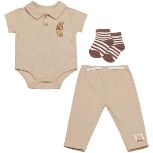 Disney Baby Boys 3-Piece Rib Pant Set – Polo Bodysuit, Jogger Pants & Socks – Mickey, Winnie the Pooh & Dumbo – Sizes (0-9M)