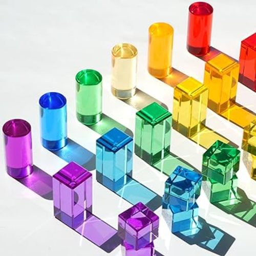 27PCS Rainbow Crystal Acrylic Blocks with Tray, 7 Colors Stacking Gem Blocks for Kids, 3 Shapes Cylinder, Cube, Cuboid Educational Sensory Light Learning Toys(Mixed Shape Acrylic Blocks)
