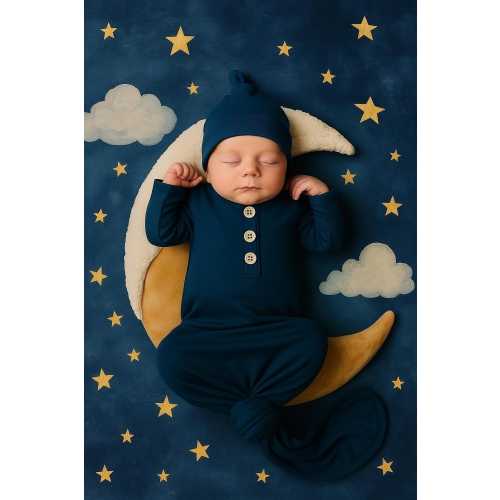 Navy -Blue Knotted Baby Gown & Hat Set - (Newborn-3 Months)