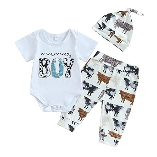 SAYOO Western Newborn Baby Boys Cowboy Outfits Cow Print Letter Bodysuit+Long Leggings+Cap 3pcs Infant Boy Country Clothes (Cow Head-White C, 0-3 Months)