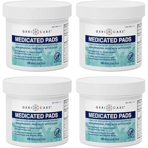 GeriCare Medicated Cooling Pads with Witch Hazel, for Soothing Itch, Discomfort and Burning, Pre-Moistened Pads Ideal for Sensitive Areas, 100 Count (Pack of 4)