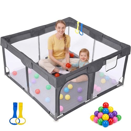 Dripex Baby Playpen with Mat, 71"x59" Play Pen for Toddlers 1-3 Years, Soft Breathable Visible Mesh, Indoor/Outdoor Portable Play Yard with Mat, Safe Baby Fence Play Area, Grey