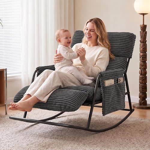 Nursery Rocking Chair with Footrest, 450 Lbs Capacity Heavy Duty Steel Frame, 3-Position Adjustable Backrest Nursing Chair for Leisure, Modern Corduroy Rocker with Side Pockets, Grey