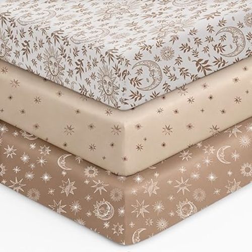 Unnivoll Baby Crib Sheets for Boys Girls, 28x52x8in Fitted Crib Sheet Neutral 3 Pack for Standard Crib and Toddler Mattress, Breathable Soft Microfiber Baby Sheet White Brown Sun God