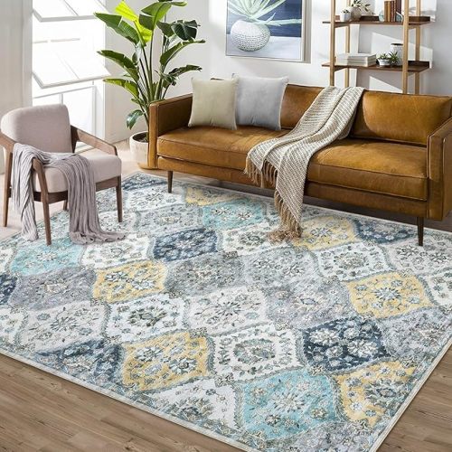 ROYHOME Area Rug 5x7 Moroccan Trellis Machine Washable Vintage Medallion Distressed Floor Cover Carpet Stain Resistant Non-Slip Accent Rug Farmhouse Coffee Table Rug Decor, Blue/Yellow