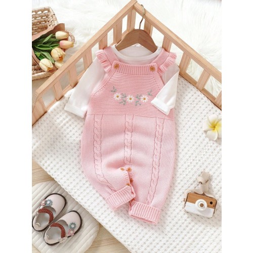 SHEIN 1pc Ruffle Trimmed Romper For Infant Girls, Embroidered One-Piece Jumpsuit, Stylish & Sweet Outfit Baby Knit Jumpsuit Baby Girl Knitted Outfits Pink Jumpsuit For Baby Girl Baby Sweater Romper Baby Girl Overalls Fall Kids Clothes Winter Outfit For Ki