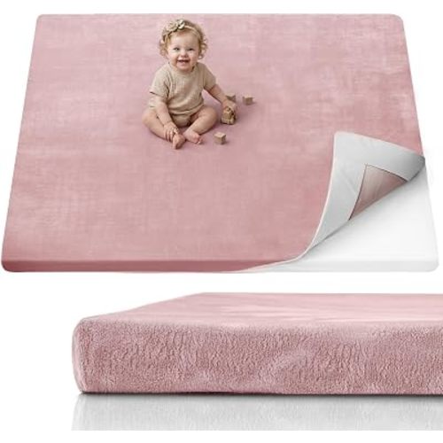 Blissful Diary 1.3" Thick Baby Play Mat, 71x59 Playpen Mat with Removable & Washable Cover, Ultra Soft Crawling Rug for Floor, Foam Cushion & Non-Slip Backing for Kid, Toddlers and Infants, Dusty Pink