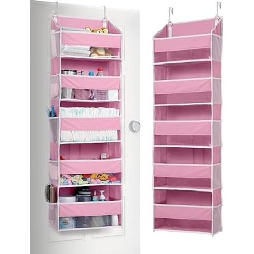 ULG 1 Pack Over Door Organizer with 5 Large Pockets 10 Mesh Side Pockets, 44 lbs Weight Capacity Hanging Storage Organizer with Clear Window Kids Toys, Shoes, Diapers, Pink