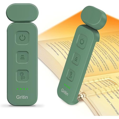 Gritin Reading Light,Book Light for Reading in Bed-Eye Caring 3 Colors, 5-Level Dimmable Brightness,Long Lasting, Compact Size Rechargeable Clip on Book Reading Light for Book Lovers-Dark Green