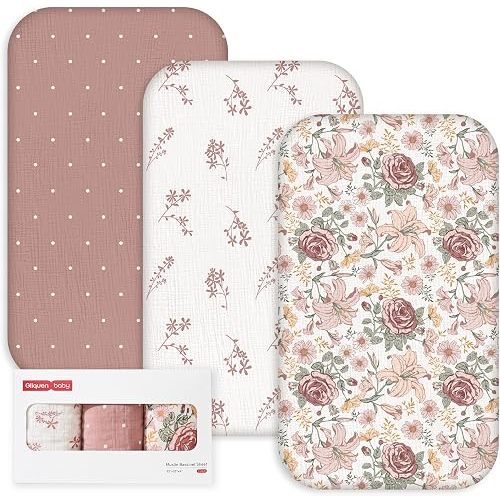 Gllquen Baby 3-Pack Muslin Cotton Bassinet Sheets, 33"x20" Fitted Crib Sheets for Bedside Sleeper & Travel Crib, Oeko-TEX Certified Soft Breathable Sheets, Easy On/Off (Vintage Flowers)