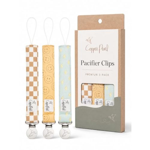 Copper Pearl 3-Pack Pacifier Holders: Premium Knit Binky Clips for Baby Girls and Boys - Stylish Stainless Steel Design for Secure No-Drop Attachment