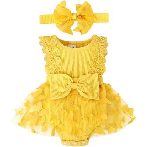 Ropa de verano para niña recién nacida, sin mangas, de encaje, mameluco de una pieza + diadema, conjunto de 2 piezas de 0 a 12 meses