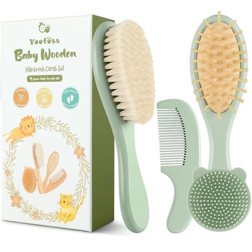 Yoofoss 4 Piece Baby Hair Brush and Comb Set,Wooden Baby Hair Brush with Natural Ultra Soft Goat Hair, Baby Comb Set for Boy, Girl - Green