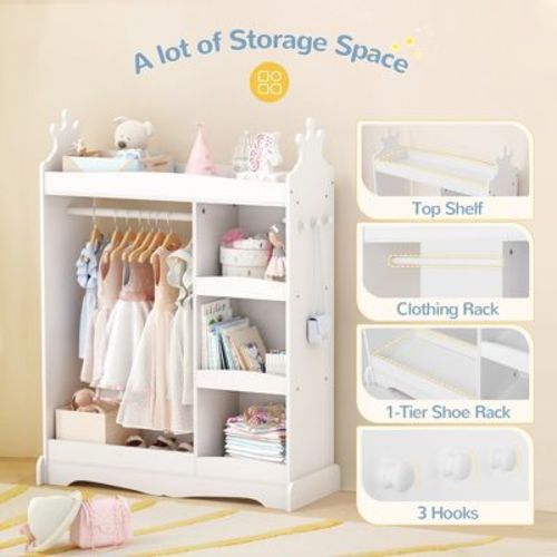 Kids Wardrobe with Storage & 3 Hooks,Kids Dress up Storage with Mirror,Kids Closet for Girls Boys, Open Hanging Armoire Wardrobe Closet for Bedroom