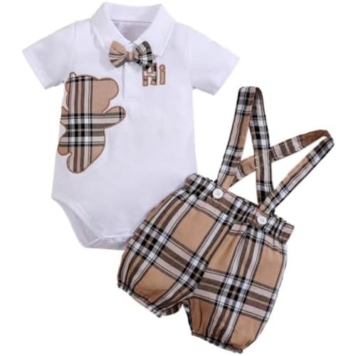 2pc Baby Boy Cute Summer Cartoon Bear Plaid Romper Bodysuit with Bow + Bib Pants Shorts Set Outfits